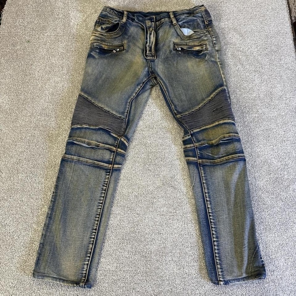 Balmain Biker Jeans Distressed Ribbed Panels Slim Fit Men's 33